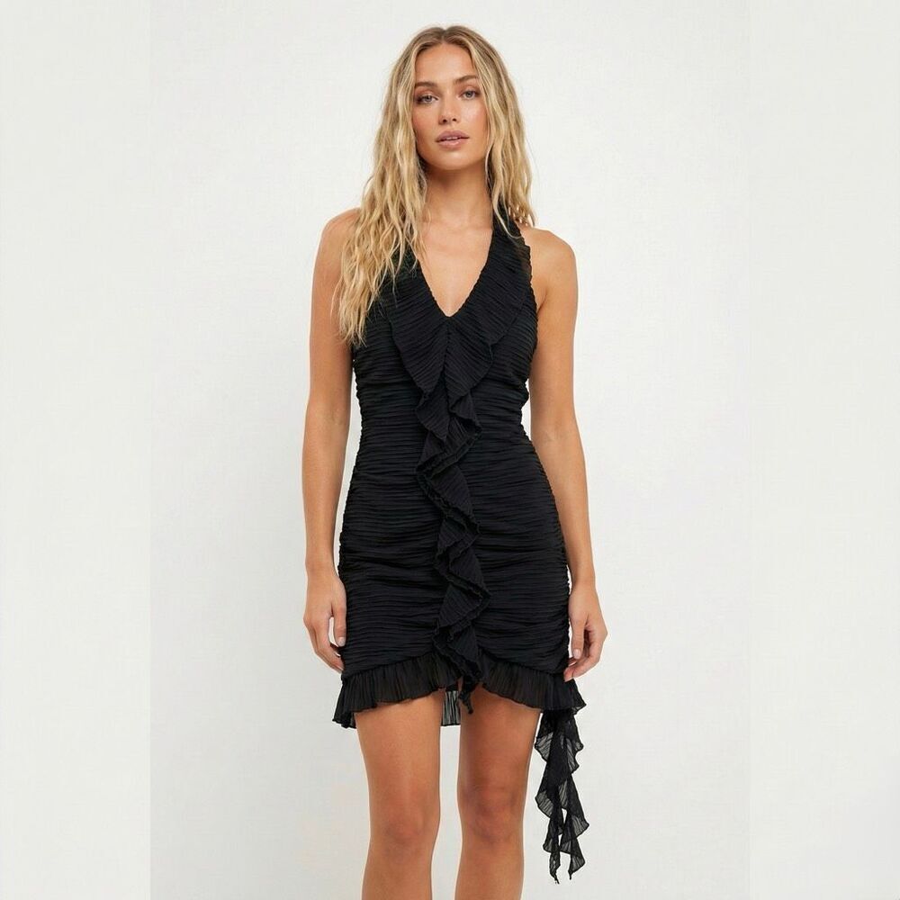 ASTR The Label Black Ruffle Halter Mini Cocktail Dress Small NWT Revolve Tiered